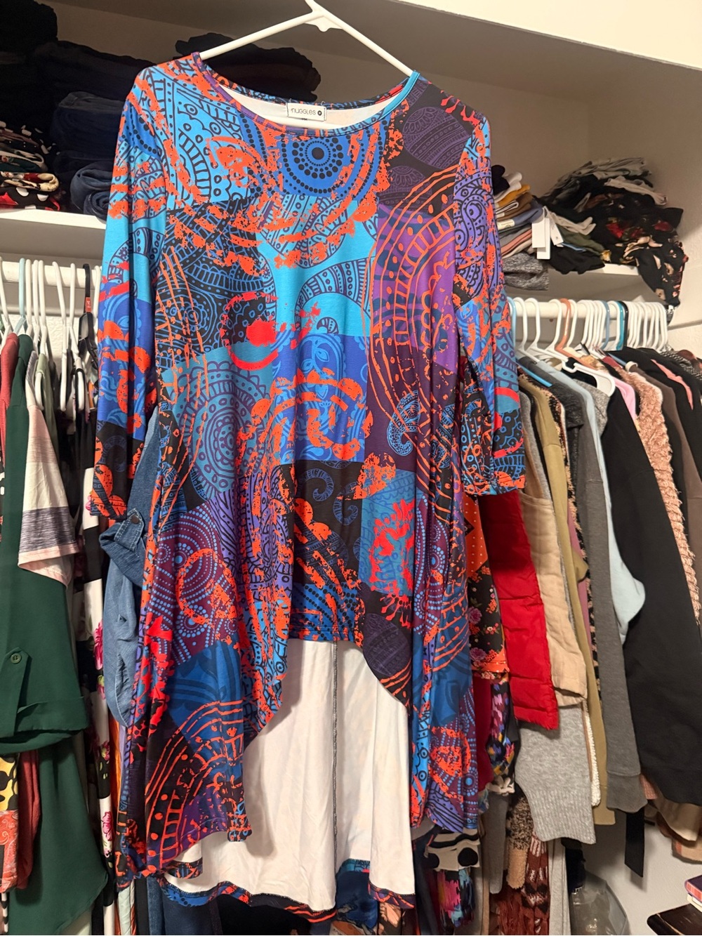 Colorful Abstract Print Long Sleeve Tunic - Blue, Orange & Purple